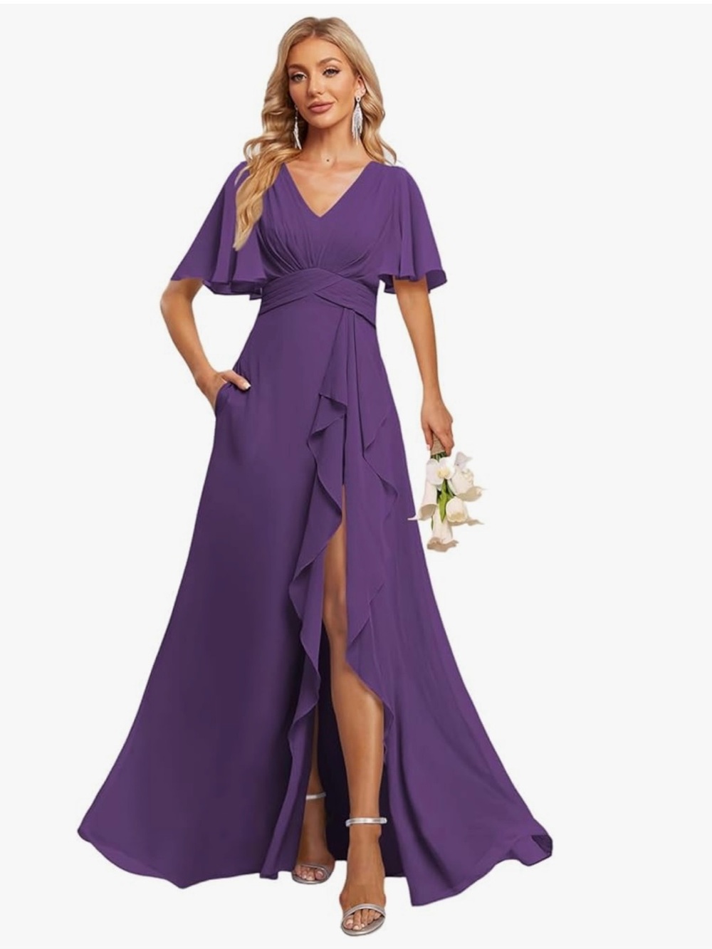 V-Neck Purple Flutter Sleeve Ruffled Wrap Wedding Dress